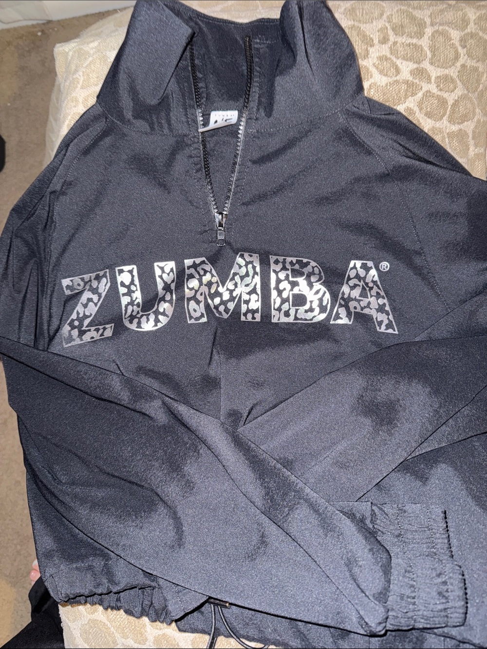 Zumba Fitness Black Cropped Half-Zip Jacket with Leopard Logo